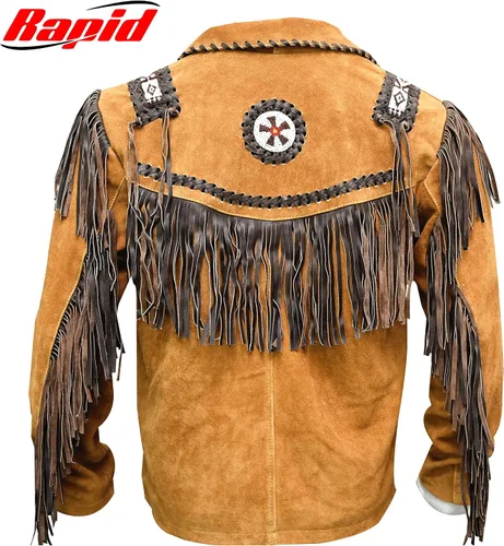 Miniatura 2 de Chaqueta de cuero vaquero occidental para hombre con flecos de ante nativo americano con cuentas de cuero tradicional - marrón tostado