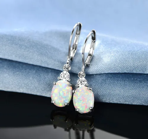 Miniatura 4 de GEMSME - Aretes colgantes de ópalo de lágrima chapados en oro blanco para mujer, Oro blanco
