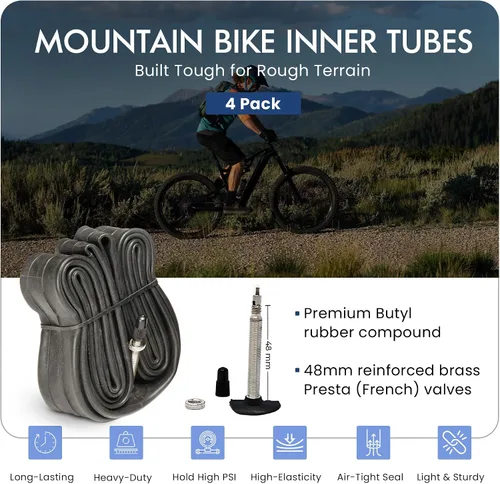 Miniatura 2 de VeloTubes Tubos interiores para bicicleta de montaña, paquete de 4 unidades, selecciona tu tamaño (26", 27.5", 29"), válvula Presta, tubos