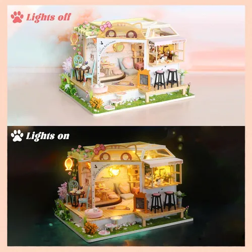 Miniatura 7 de Kit de casa de muñecas en miniatura Kisoy con muebles, modelo de casa hecho a mano DIY para adolescentes, regalo para adultos (Café Gato Jardín)