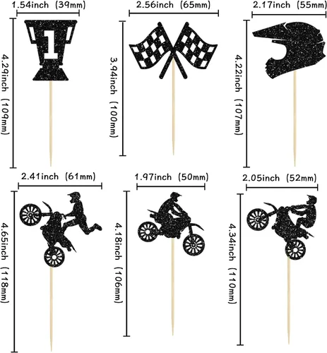 Miniatura 2 de Ephlyn Decoración para cupcakes de motocicleta, 24 piezas de decoraciones negras con purpurina para deportes, tema de motocross, para hombre y niño