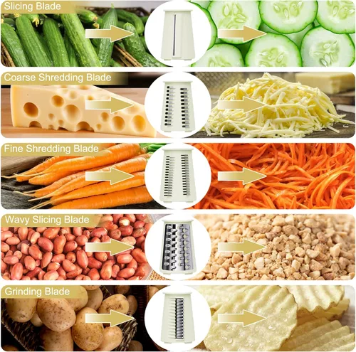 Miniatura 5 de Rallador de queso 5 en 1 con manivela giratoria, picador de verduras con cuchillas de acero inoxidable reemplazables, base de succión fuerte, mango