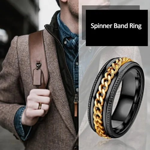 Miniatura 4 de FIBO STEEL - Anillos de acero inoxidable de 8mm para hombres, anillos con cadena incrustada y borde con textura, disponible en tallas 7-14