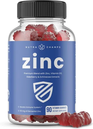 NutraChamps Gomitas de zinc | Gomitas de zinc 4 en 1 para adultos | Zinc masticable 50 mg con vitamina D3 2000 UI, saúco y equinácea | Apoyo