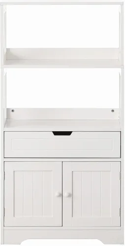 Miniatura 6 de Basicwise Tocador alto de almacenamiento de madera, despensa de cocina y organizador de armario de baño, con 2 estantes abiertos, un cajón y armario