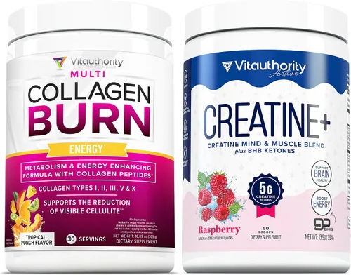 Vitauthority Multi Collagen Burn Energy: Péptidos de proteína hidrolizados con ácido hialurónico y creatina monohidrato en polvo para mujeres