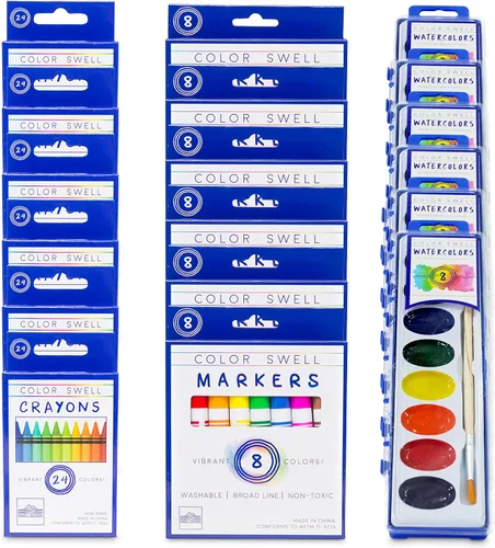 Color Swell Paquete mixto de arte (6 paquetes de marcadores lavables, 6 pinturas de acuarela, 6 paquetes de lápices regulares) perfecto para