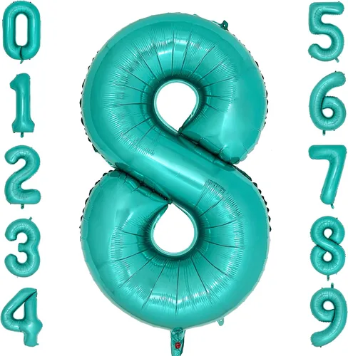 Miniatura 12 de Globos de color verde azulado con el número 0 de 40 pulgadas, globos grandes de papel de aluminio azul turquesa para mujer, decoraciones