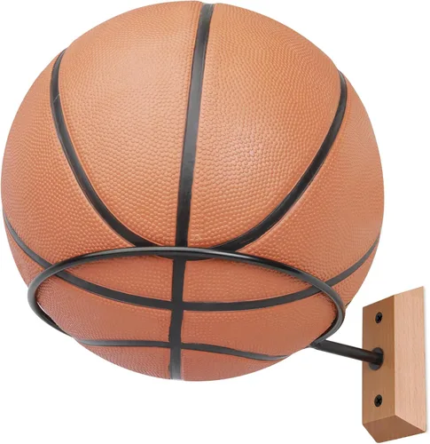 Miniatura 23 de Soporte de pared para baloncesto VIVTOB, soporte de pared para pelota de 7 pulgadas con base de madera maciza de nogal negro y anillo de metal