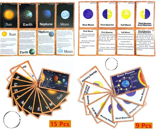 Juego de tarjetas didácticas del sistema solar y de la fase lunar para niños pequeños | Tarjetas didácticas de aprendizaje para niños y tarjetas de