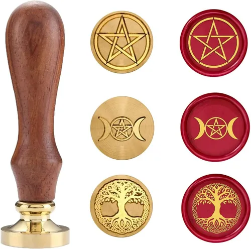 Juego de sellos de cera, sellos de cera de sellado de cobre con empuñadura de madera, sello de cera wicca retro vintage (luna triple, pentagrama y