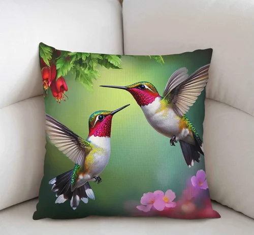 Miniatura 2 de Swono Funda de almohada de lino y algodón con diseño de flores de colibrí para sofá, cama, 18 x 18 pulgadas