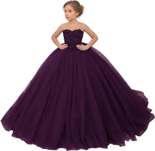 Miniatura 19 de Precioso vestido de niña de flores de tul para niños de boda con cuentas princesa sin mangas vestidos de baile