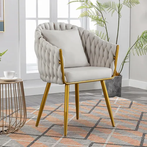 BOSMILLER Sillas de comedor tejidas, modernas sillas de comedor con patas antideslizantes de metal dorado, respaldo alto curvado, silla de comedor