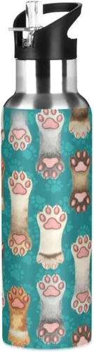 Insulated Stainless Steel Water Bottle with Straw 32 Oz, Leakproof Water Bottles for Gym Outdoor Travel School, Colored Cat Paws