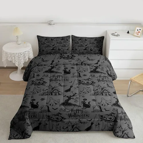 Miniatura 34 de Juego de edredón rosa con temática de Halloween, tamaño individual, edredón de farol de calabaza para adolescentes, juego de ropa de cama de Multi
