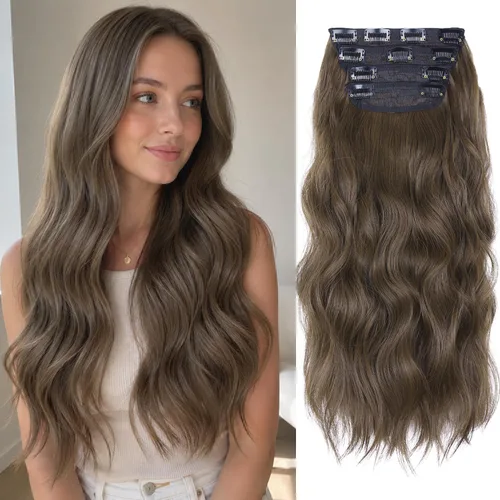 4 extensiones de cabello sintético con clip, extensiones de cabello rizado de 20 pulgadas de largo con clip (color: marrón medio)