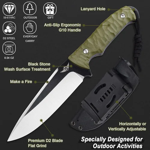 Miniatura 3 de KOMWERO Cuchillo de hoja fija con funda Kydex, hoja de acero D2 de 4.52", cuchillo de espiga completa con mango verde G10, cuchillos de caza al aire