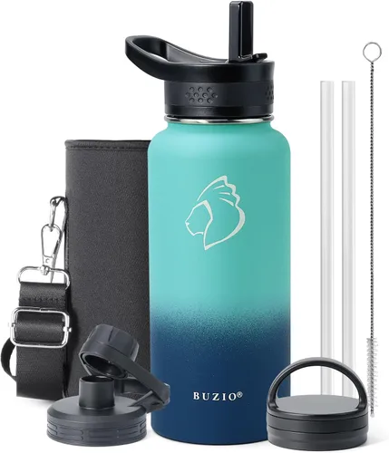 BUZIO Botella de agua de 32 onzas aislada con popote y 3 tapas y bolsa de transporte, a prueba de fugas, botella de agua de acero inoxidable Azul