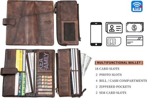 Miniatura 6 de Cartera de cuero vintage de gran capacidad para mujer, embrague para tarjetas de crédito, Dcoffee, Vintage
