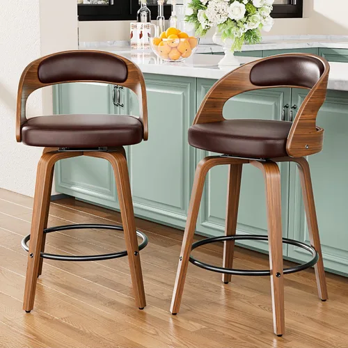 Miniatura 37 de YaFiti Taburetes de bar, taburetes de bar de 26 pulgadas de altura de mostrador con patas de madera curvada, taburetes giratorios con respaldo