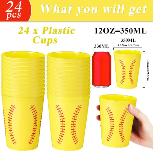 Miniatura 2 de 24 vasos de plástico para sóftbol reutilizables, suministros de fiesta, juegos de sóftbol deportivos, vasos de plástico para beber de 12 onzas