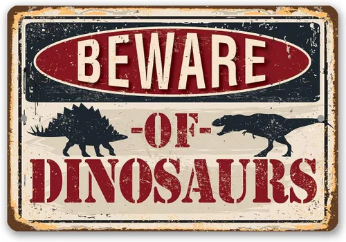 Beware of Dinosaurs - Retro Funny Tin Sign for Wall Decor, Dinosaur Party Decoration Signs, Dinosaur Accessories for Boys Room, 8x12 Use Indoors or
