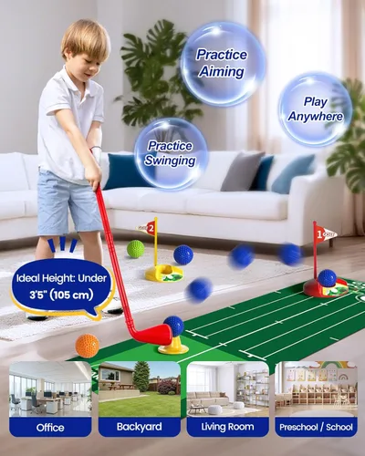 Miniatura 3 de KINGTOP Juego de golf para niños pequeños con tapete de putting y tabla de cornhole, palos de golf para niños de 3 a 5 años con 10 pelotas, 4 palos