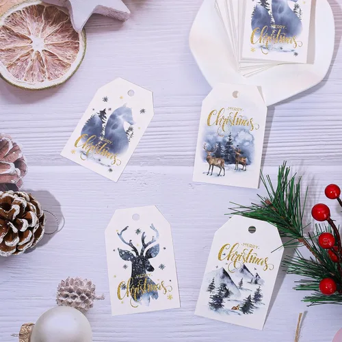 Miniatura 4 de 120 etiquetas de regalo de papel de Navidad, acuarela azul, árbol de Navidad, alce, etiquetas colgantes con cuerdas de cáñamo, 4 diseños, etiquetas