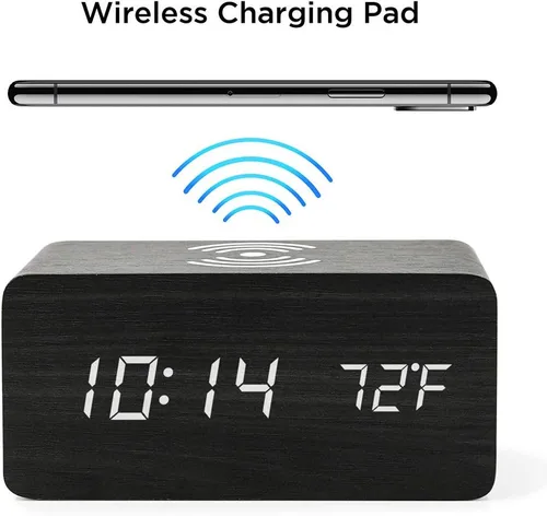 Miniatura 2 de OCT17 Reloj despertador con almohadilla de carga inalámbrica Qi compatible con iPhone Samsung, reloj digital LED de madera, función de control