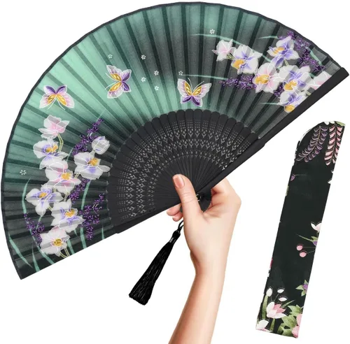 Miniatura 9 de OMyTea abanico plegable de mano para mujer - abanico de bambú y seda vintage chino/japonés plegable - para sofocos, iglesia, EDM, festival