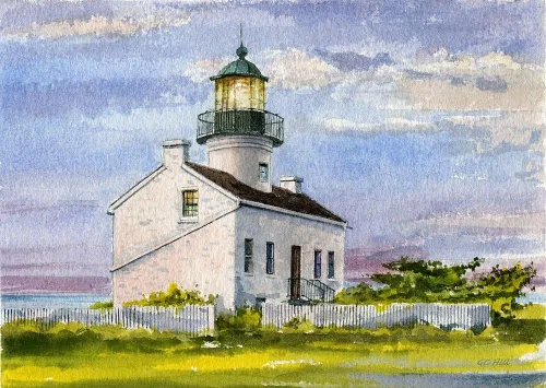 Old Point Loma Lighthouse, Monumento Nacional Cabrillo, San Diego, California, impresión artística de acuarela mate (5 x 7)