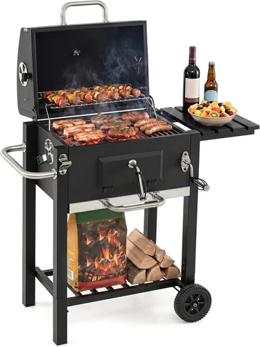 Giantex Parrilla de carbón con estante lateral plegable, parrilla de barbacoa al aire libre con bandeja de carbón ajustable, termómetro, estantes y