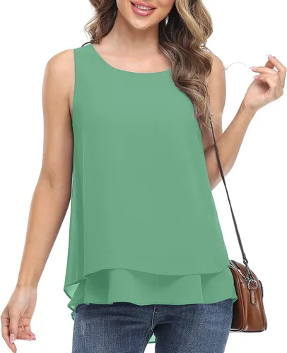 Miniatura 2 de Timeson - Camiseta de gasa sin mangas, blusa casual de doble capa para mujer