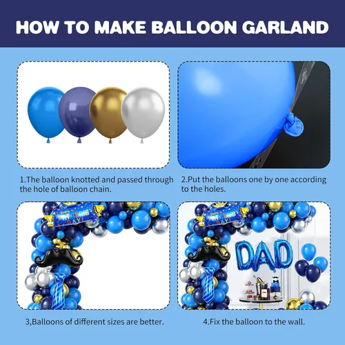 Miniatura 6 de Decoración del día del padre, arco de globos azul marino para el día del padre, kit de guirnalda de globos azules y dorados con corbata para barba