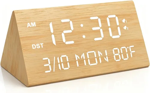 Kogonee Reloj despertador digital de madera, atenuación 0-100%, 2 configuraciones de alarma, modo todos los días/fin de semana, repetición de 9