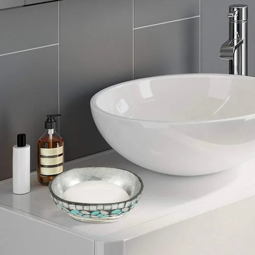 Miniatura 5 de nu steel Jabonera de espuma marina en azul aguamarina/mosaico de vidrio plateado/acero inoxidable para baños y espacios de tocador
