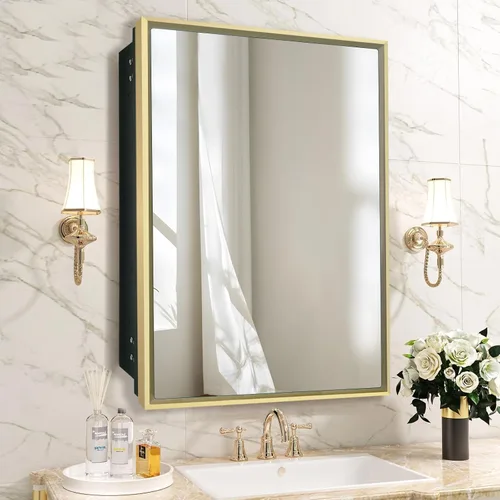 Miniatura 21 de Botiquín de baño de 16 x 20 pulgadas con espejo con marco dorado, gabinete de almacenamiento empotrado o de montaje en superficie, diseño rústico