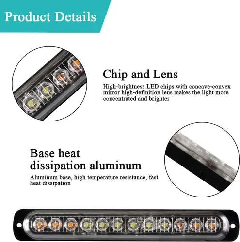 Miniatura 3 de 2 piezas de 12 LED, luz de emergencia de baliza de peligro, luz de advertencia estroboscópica, luz de intermitencia roja y blanca, barra de luz