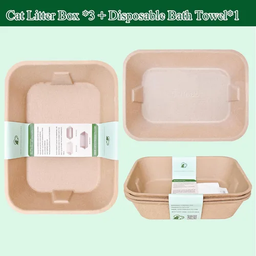 Miniatura 2 de Caja de arena desechable para gatos (3 paquetes con 1 toalla) Bandeja ecológica de papel 100% reciclado para gatos, 16.14 x 11.81 x 3.94 pulgadas