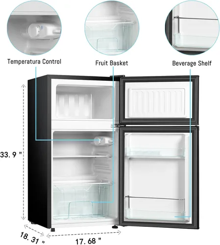 Miniatura 3 de HAILANG Mini refrigerador con congelador, refrigerador compacto de 3.2 pies cúbicos, mini refrigerador con 2 puertas para dormitorio, oficina