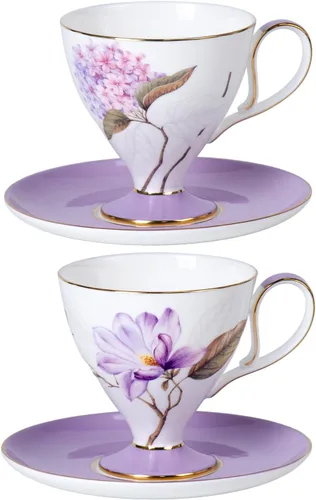 Miniatura 25 de KAMMAK Juego de 2 tazas de café de cerámica, tazas de café de porcelana con platillos, 6.52 onzas hechas a mano, elegante taza de té de porcelana