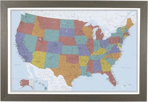 Miniatura 8 de Push Pin Travel Maps Lienzo personalizado Blue Oceans USA con marco gris de madera de granero