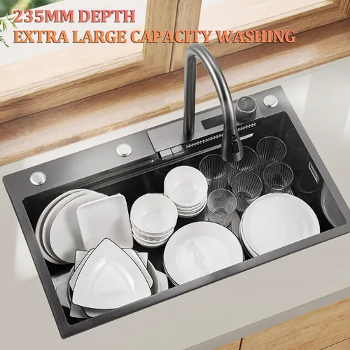Miniatura 3 de Fregadero de cascada volador con pantalla digital, fregadero de cocina, fregadero de barra de acero inoxidable 304, con lavabos de copa, instalación