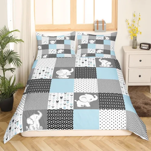 Miniatura 4 de Homewish Juego de ropa de cama de elefante, tamaño Queen, funda de edredón a rayas azules para niños y niñas, juego de funda de edredón de animales