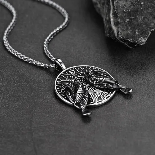 Miniatura 9 de FaithHeart Collar de cuervo vikingo nórdico para hombres y mujeres, joyería de cuervo celta vintage, se puede grabar, Acero inoxidable, Circonia