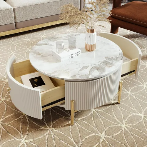 Miniatura 5 de Mesa de café redonda, mesa de café moderna de 31.5" con 2 cajones grandes de almacenamiento, tapa de mesa con patrón de mármol, mesa central