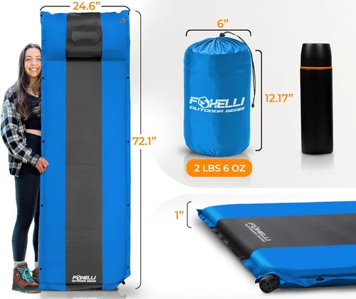 Miniatura 3 de Foxelli Almohadilla de dormir autoinflable para campamento, mochileros, senderismo, espuma aislada, ligera, colchón inflable de campamento