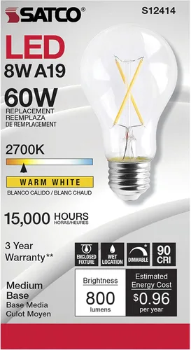 Miniatura 3 de Satco Bombillas de filamento LED regulables, S12414, lúmenes altos, 8 vatios, A19, transparente, base media E26, blanco cálido 2700K, 90+ CRI, 120