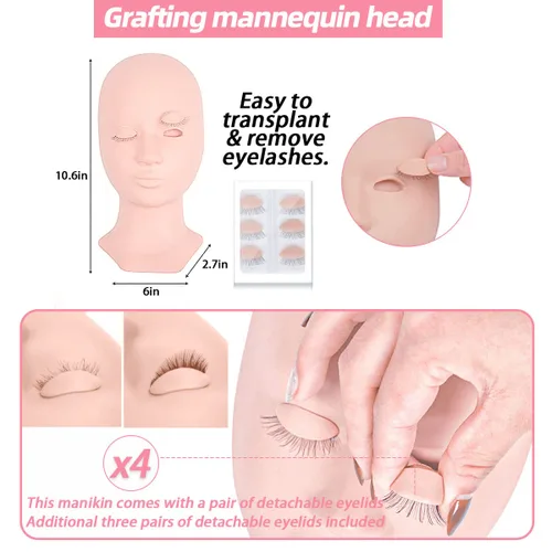 Miniatura 3 de Kit de extensión de pestañas profesional con cabeza de maniquí, párpados extraíbles, ventilador de pestañas USB, pestañas postizas individuales, Rosa